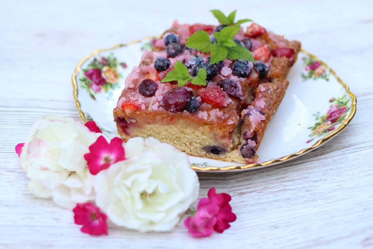 Super easy summer fruit drizzle cake